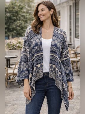 Knox Rose Boho Cotton Kimono Cardigan | Blue & Cream | XXL Oversized